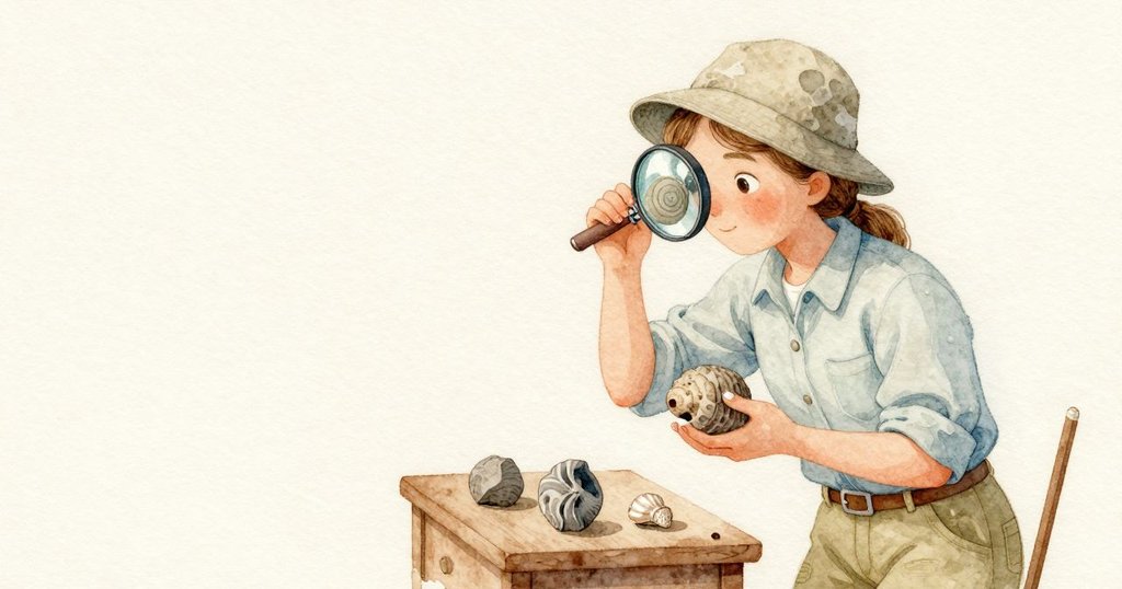Nora把小型放大鏡展開靠近,螺旋脊紋湧滿視野。那片石屑穩穩躺在另一隻手裡:乾而老練的基質貼著皮膚,較冷且沉靜的殼帶著小小重量,移動時在掌上慢慢拖過。柔和的奶油與礦灰,貼著她袖口的淡藍,在陰雲日光裡顯得安靜。