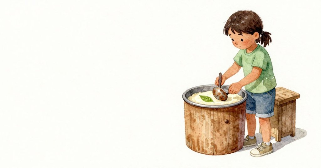 Kestrel放下木棒、合掌稍擦,走到槽邊以杓子輕撇一圈柔白的泡沫。她的拇指繞著杓口滑過,褐色金屬帶著細小凹痕與舊痕,木面與鋼邊都有年歲的圓潤。溶液上平放的一片葉子緩緩自轉,被看不見的微流牽引。