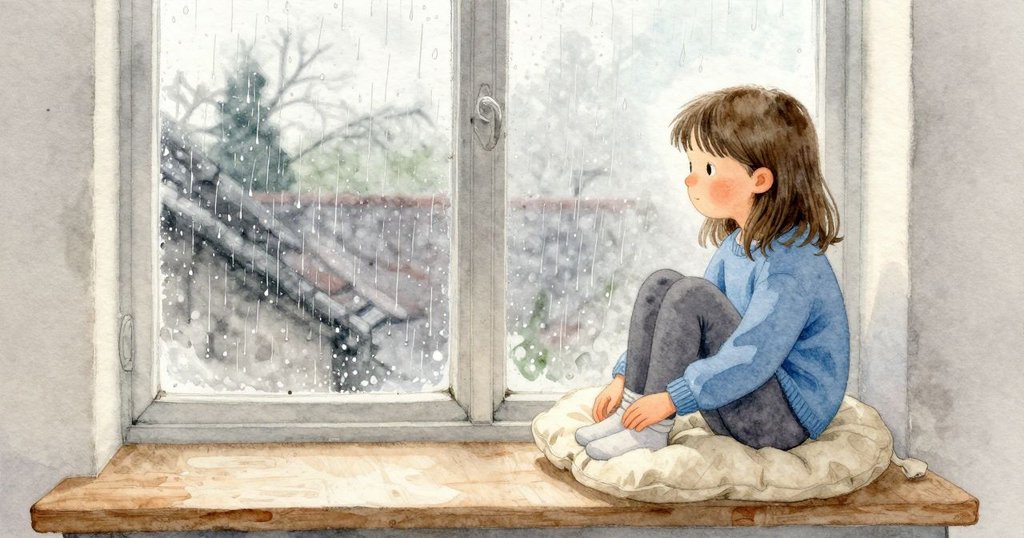 雨水細細敲著窗玻璃,細線往下滑。Maren 盤腿坐在窗邊座位上,身下的軟墊被壓出一個淺凹。窗框的淡色漆面被灰濛的日光一掃,室內安靜,只有雨聲在亮冷的午後裡延展。