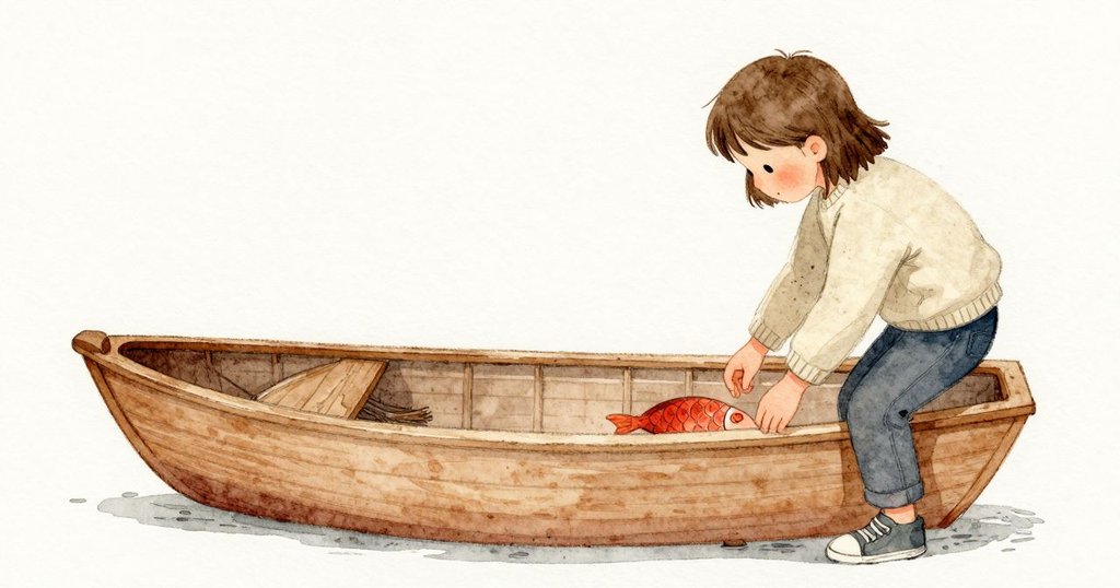 Mabel 以兩根手指抬起船尾，船首微微下沉，船體內有細碎顆粒滑回的低語；船首附近一根脫落刷毛卡在彩繪鱗片下，層架上細小刮痕的弧度與雕出的船口相合，薄薄龍骨在木面上滑過。
