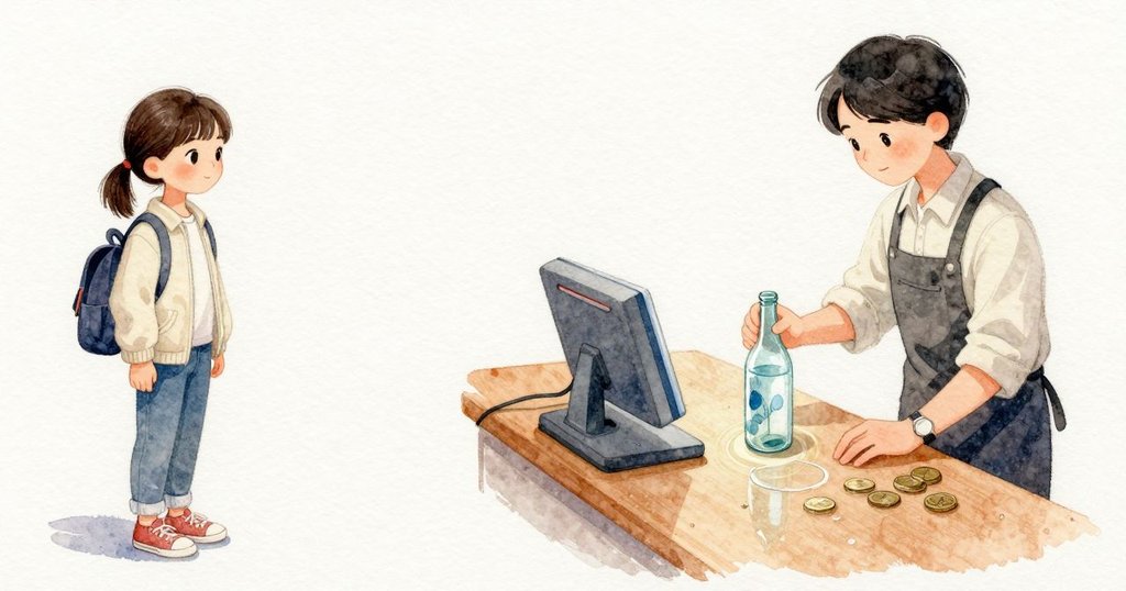 在櫃台前，Lena 把冰瓶放在先前淡淡水痕的位置，清新的濕圓立刻綻開。她提起又輕放，對準新舊兩個圓圈，讓濕痕剛好重疊。掃描器清脆一聲後，硬幣沿著光滑檯面亮亮地滑回來，最後停住。
