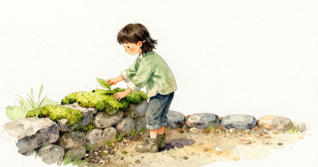 Hattie 跪在邊界石旁,將一片小葉自青苔上拎起,輕放在低矮石牆上,接著以手背輕觸苔面。苔綠帶著清涼與微微露珠,灰石邊緣在晨光下溫潤,地面結實安靜。
