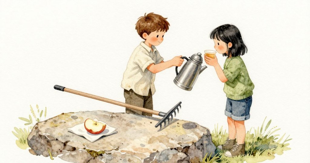 Hattie 舉起保溫壺,耙齒靠在矮牆邊歇涼;小杯貼上 Blair 的唇,麥茶先是淡薄,帶一點金屬後味,收尾柔甜。矮石上鋪著餐巾,放著一片蘋果,切面一角已微微變褐;日光較高,安穩地溫著石頭與鋼面。