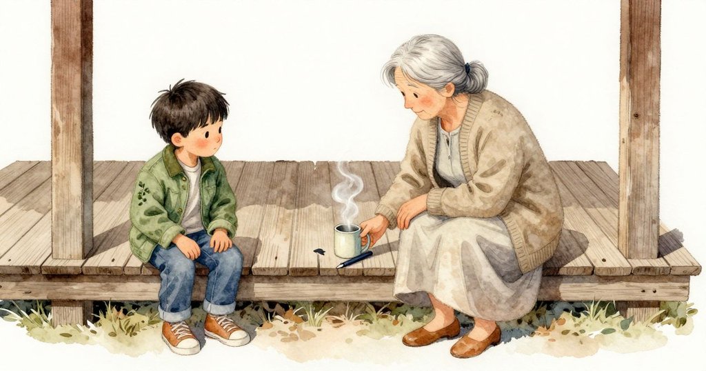 一支小筆躺在木製台階上，慢慢滾動，發出輕輕一聲碰木的響；旁邊的小杯依然穩穩站著，白色蒸氣持續往上升，日光讓舊木紋更清楚。