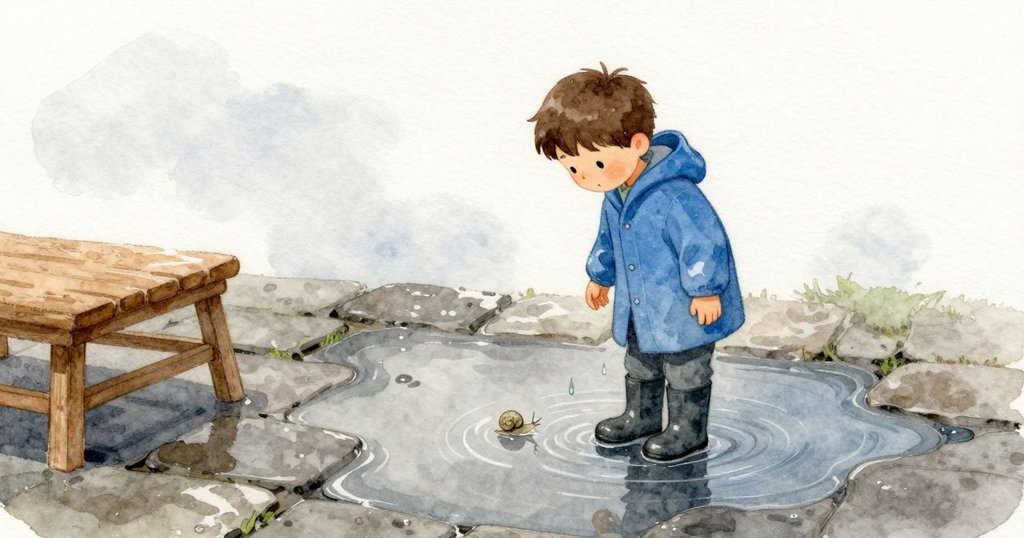 一滴雨落進大水坑，圈圈漣漪擴開。Ben 站在溼滑的鋪石上，手貼在外套兩側，安靜看著一隻小蝸牛緩緩前進。濕石頭顏色更深，淺藍灰的天空倒映在水面。