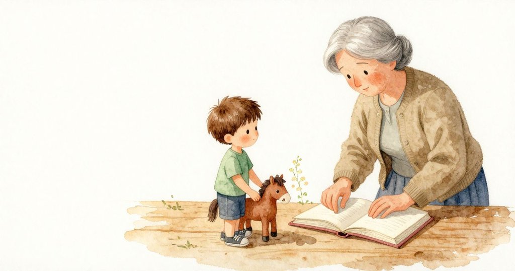 Miles 安靜地坐在桌旁，小馬玩具輕輕碰著他的手指；祖母慢慢闔上書本，花的甜香在頁邊變得更淡，午後的光線溫柔地滑過木桌與封面。