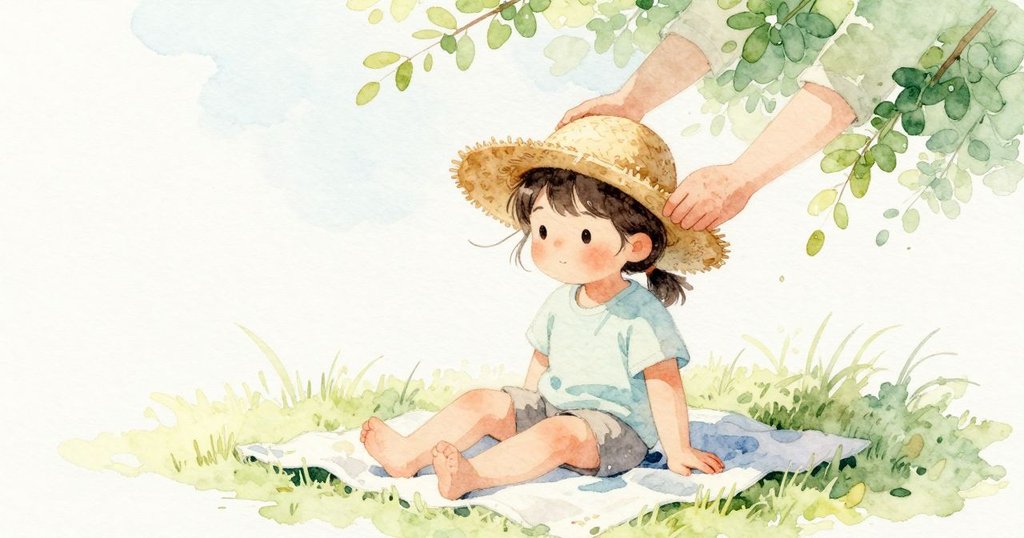 一陣輕風拂過，Mae 的髮絲被撥動；祖母把草編的遮陽帽輕輕放下，帽簷覆住她的眼睛，並用手檢查帽簷邊緣；葉子微微作響，日光被濾得柔和。