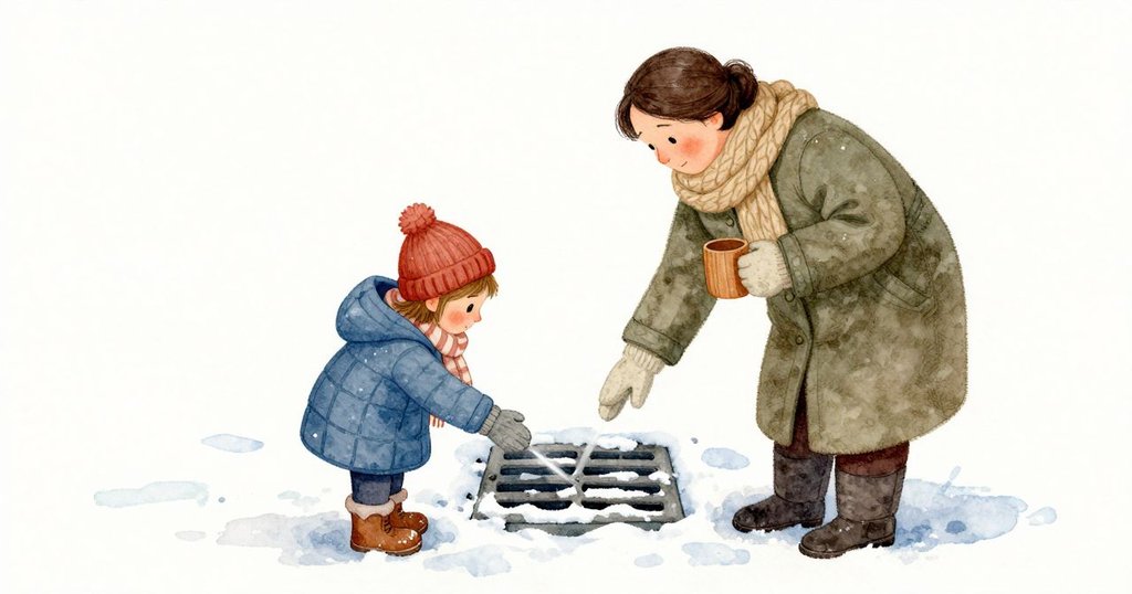 Clara 俯身用手套關節輕敲排水格，積雪塞滿小孔讓聲音沉悶；她刷淨一側露出深色金屬，再敲一次，清亮的聲響沿著台階底下傳開，阿姨輕輕應了一聲。