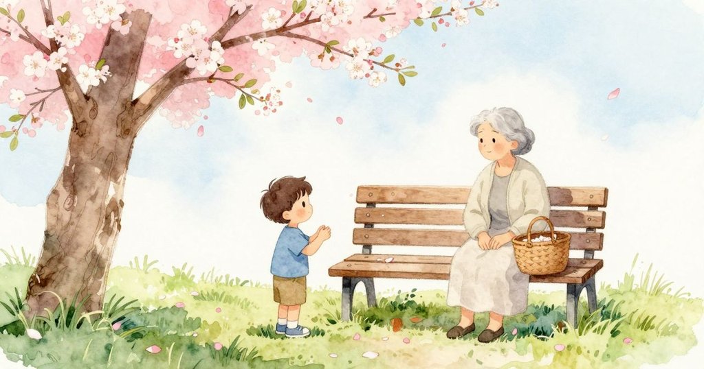 一片粉色花瓣在樹枝下緩緩旋轉飄動,Hugo 站在長椅旁,祖母坐在長椅上,旁邊有一個野餐籃。花朵散發甜香,嫩綠葉子在日光下明亮,草地安靜地鋪展,陽光溫柔地落在木頭與花瓣上。