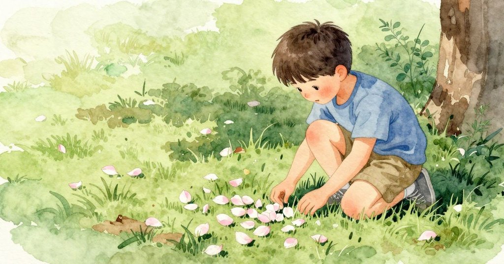 Hugo 跪在草坪邊緣,膝蓋貼著涼涼的草,盯著一條淡淡的花瓣堆。他用指尖輕輕伸入花瓣底下,花瓣慢慢微微抬起,下面是更深的草色;他又把花瓣輕輕放回原位。