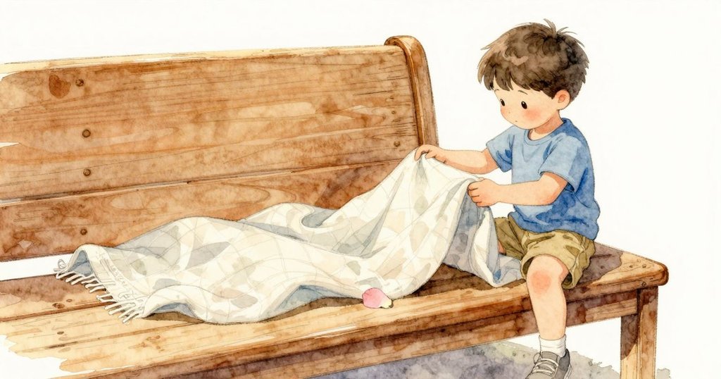 Hugo 用指尖夾住毯子的兩個邊慢慢抬起,露出被坐久而變得光滑的座面;一片藏著的粉色花瓣就安靜地躺在那裡。他把毯子輕輕放回去,花瓣又靜了下來。