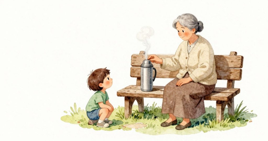 小帽輕點了堅果一下就停住，兩者安穩地貼在石面上。長椅上立著保溫瓶，瓶口升起更小的一縷蒸氣，在午後的空氣裡慢慢散開。