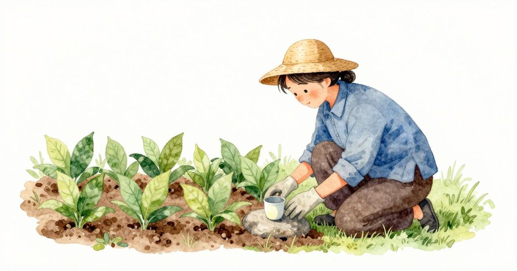姑姑在菜畦旁邊跪著，身旁一只小杯子穩穩放在扁平的石頭上。綠葉成小叢立著，鬆碎的土壤沿著行列鋪展，柔和的日光輕輕碰在石頭、杯子與葉片上。