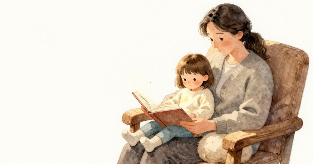 書本攤在Vivian的膝上,陽光在一角留下溫暖的亮帶;她的背靠在柔軟布料上,阿姨穩穩抱著她。寵物蜷在她腿旁,一隻柔軟的爪子貼近紙頁邊;細小的灰塵在光裡旋轉,空氣安靜而暖。