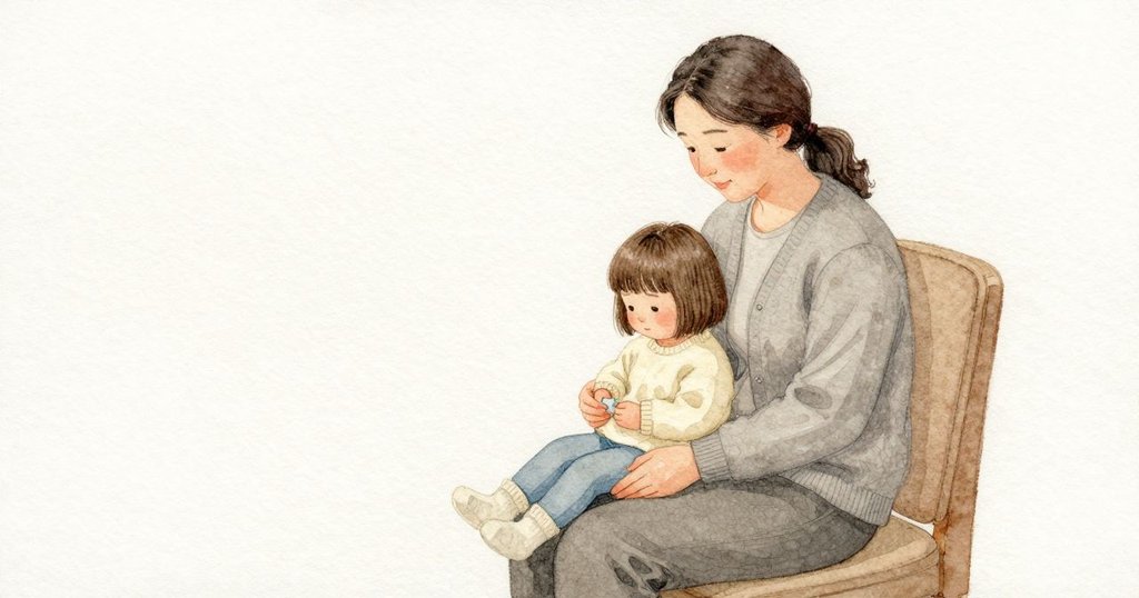 Vivian更沉地靠在阿姨腿上,身體放鬆而安穩。平滑的紙面在指尖觸過之處透出淡淡光澤;柔和的日光讓這微亮安靜地浮現。