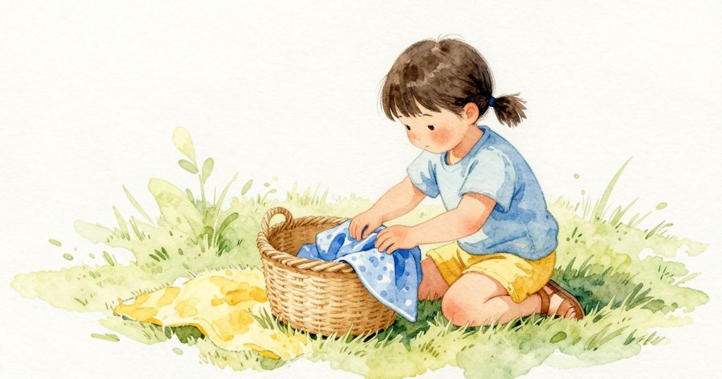 我看見 Lena 用指尖按住藍色餐巾的一角，布面滑動後剛好卡在籃子的稻草上。藍與蜜金色的編織相貼住住，她的手停在那裡，輕而穩。膝下的毯子保持溫暖，草在旁邊微微傾著，日光與葉影一起輕輕落下。