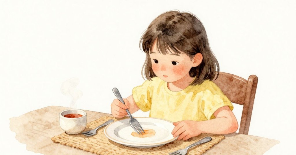 Nora 的手掌輕放在溫熱的盤緣上，釉面光滑。手邊有一抹乾掉的醬痕，旁邊是一道剛劃出的叉痕。她的叉子圓圓的齒端在暖光下微亮，蒸氣逐漸變淡。
