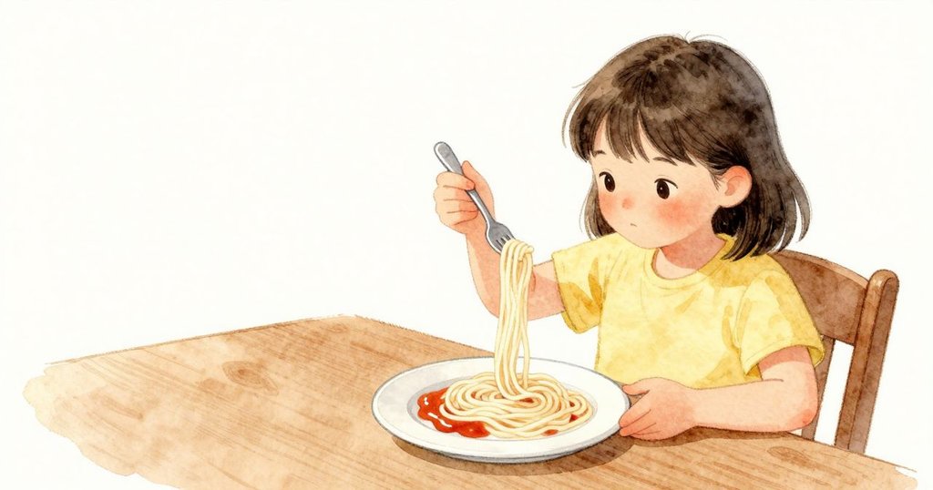 Nora 先用叉子按下，麵條滑走後她慢慢轉動叉柄，麵條終於纏住被舉起，像一條淡色的帶子安靜垂掛。盤中紅醬微亮，燈光溫柔。