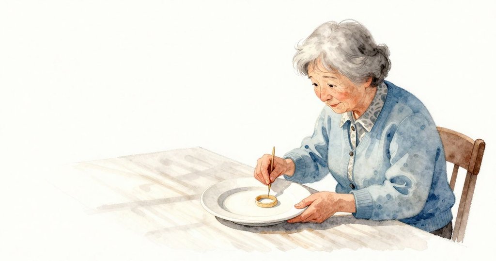 膠水區的陶瓷盤上留著一圈淡淡的乾膠痕,表面光滑,邊緣略顯粉白。空氣裡有輕微的膠味,祖母站在一旁看著,日光平穩地鋪過盤面與桌面。