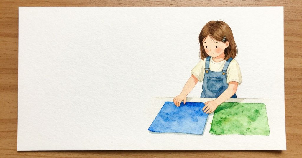Elise 把藍色紙片往下移,放在較平的地方,藍色現在平貼著。旁邊綠色的農田紙片在等待,邊緣整齊。底紙撐住它們沒有皺摺,日光溫和,木桌安穩。