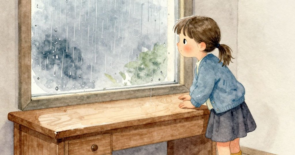 兩滴雨珠沿著窗面滑下，其中一滴在清亮的圓圈邊停住；Keira 微微前傾安靜觀看，書桌那邊傳來低低的哼唱，雨聲持續敲打。