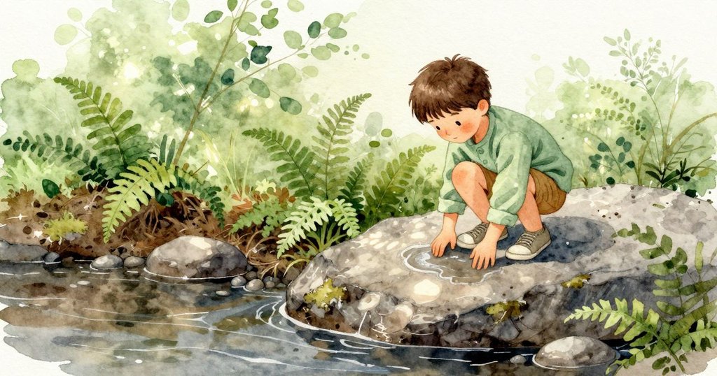 旁邊的我看見 Emory 跪在溪邊,把膝蓋按在平坦的石面上;石面涼而光滑,濕痕外圍有一圈發白的乾邊。溪水在近處安靜流著,幾粒小卵石貼在石緣。濕土的味道濃厚,蕨葉微微點頭,上方的樹葉沙沙作響。午後的光穿過枝葉,在石頭上灑下一層斑駁的亮影。