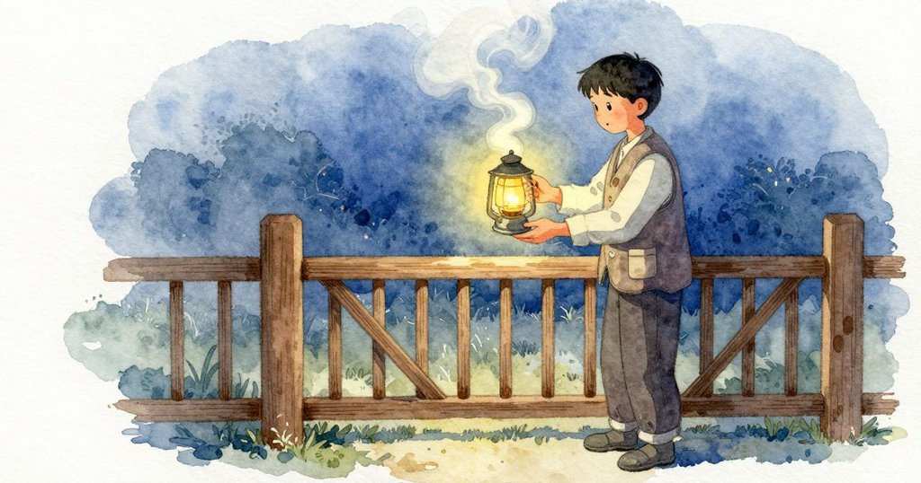 在木門邊，一位幫手雙手端著一杯剛買的茶，白色蒸氣從杯緣升起，掠過燈籠的光，使視線一瞬變得朦朧。燈光暖，夜色仍帶著藍涼。