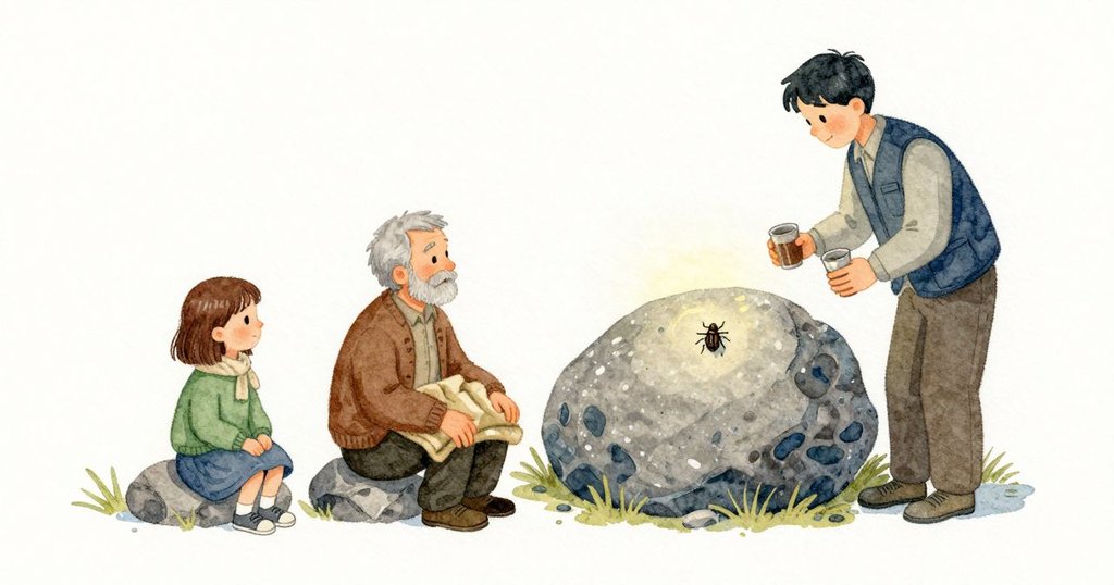 石面上一個素灰的光圈靜靜等著，接著一隻小甲蟲走進去，停住，背殼沾到一點柔亮。夜氣安穩，石頭的細紋清楚。