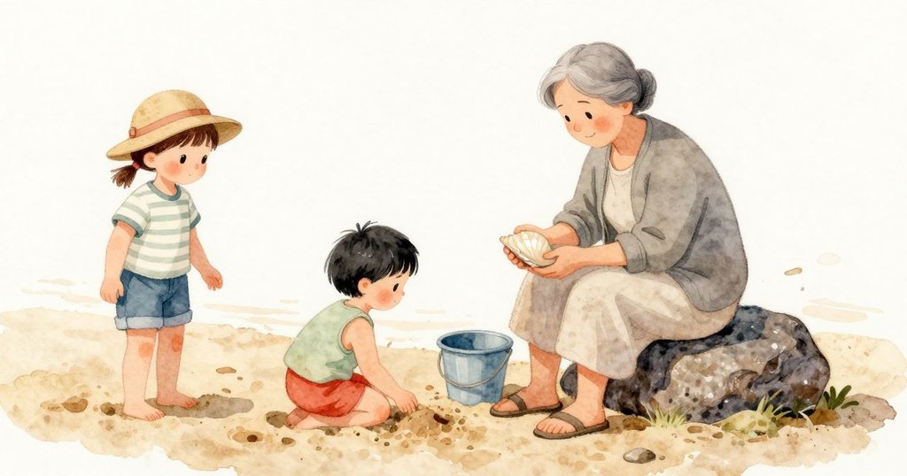 Prue和小玩伴跪在溫熱的沙上，膝頭貼著細沙；祖母坐在低岩上，用手摩擦一枚貝殼讓它發出柔亮，岩石上乾下濕，桶邊就在手可及處，空氣帶著溫和日光。