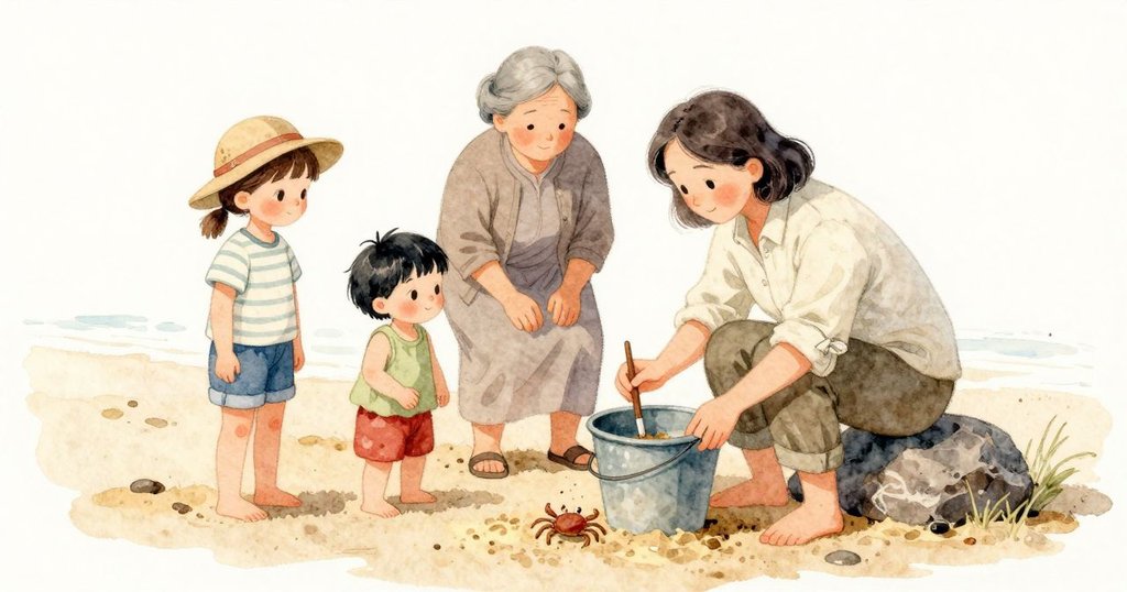 Prue輕輕一跳過來，雙手按住桶的兩側讓它穩住；小玩伴抓緊桶沿，祖母在岩上平和地說話，女人把筆放下；一隻小螃蟹縮進桶邊的陰影下，晚光把沙面照得溫柔。