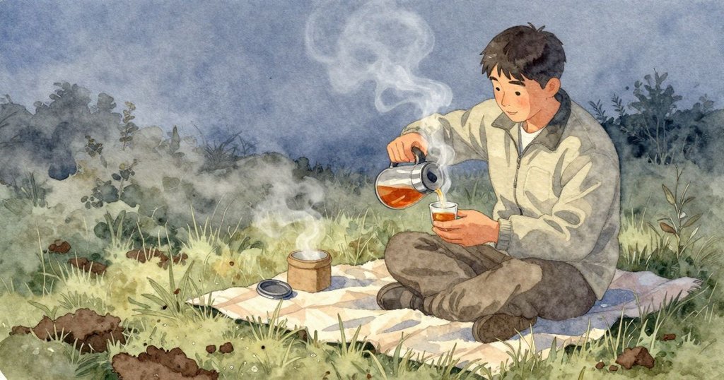 茶從父親手上的保溫瓶倒進小杯，蒸氣在傍晚的涼氣裡蜷起。毯子貼著涼土，草邊微濕，薄霧慢慢掠過，四周安靜，暮藍的光輕輕落下。