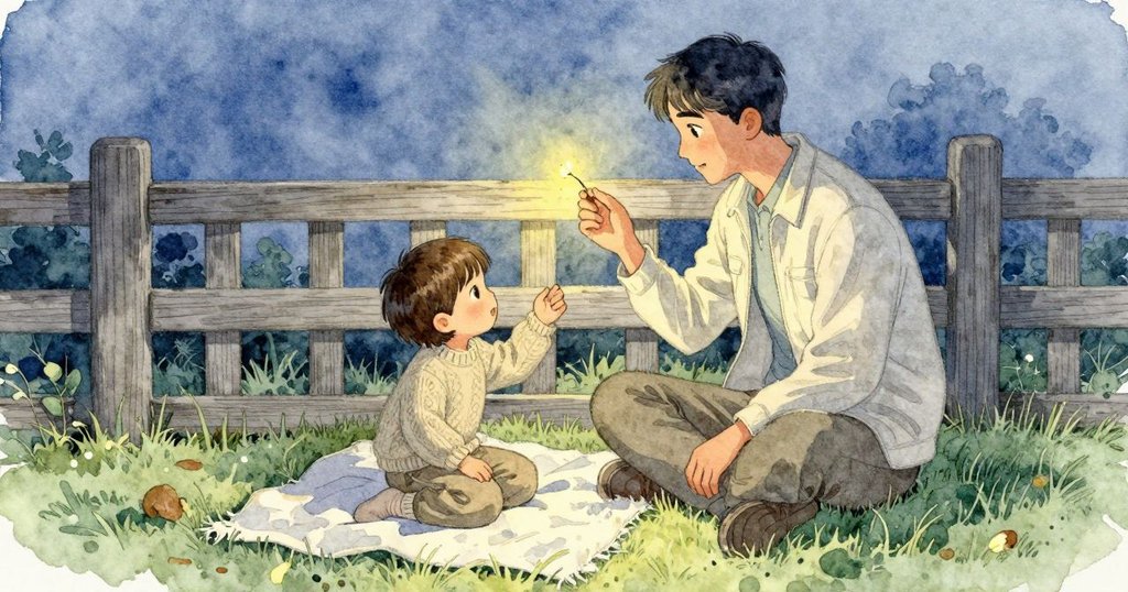 父親指著籬笆旁的小空隙，Merritt在毯子上用膝蓋滑近；第二個縫隙裡，一隻螢火蟲安安穩穩地亮著，木質欄杆在昏藍的夜色裡靜靜發灰。