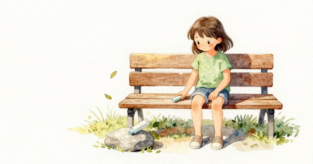 幾片葉子乾乾地旋動時，一支小塑膠管從長凳邊緣滾下，碰一下平石便靜止。Faye停住，微微側頭聽著。陽光讓木頭溫暖、石面清灰，空氣乾澄，只剩輕淡的葉聲。