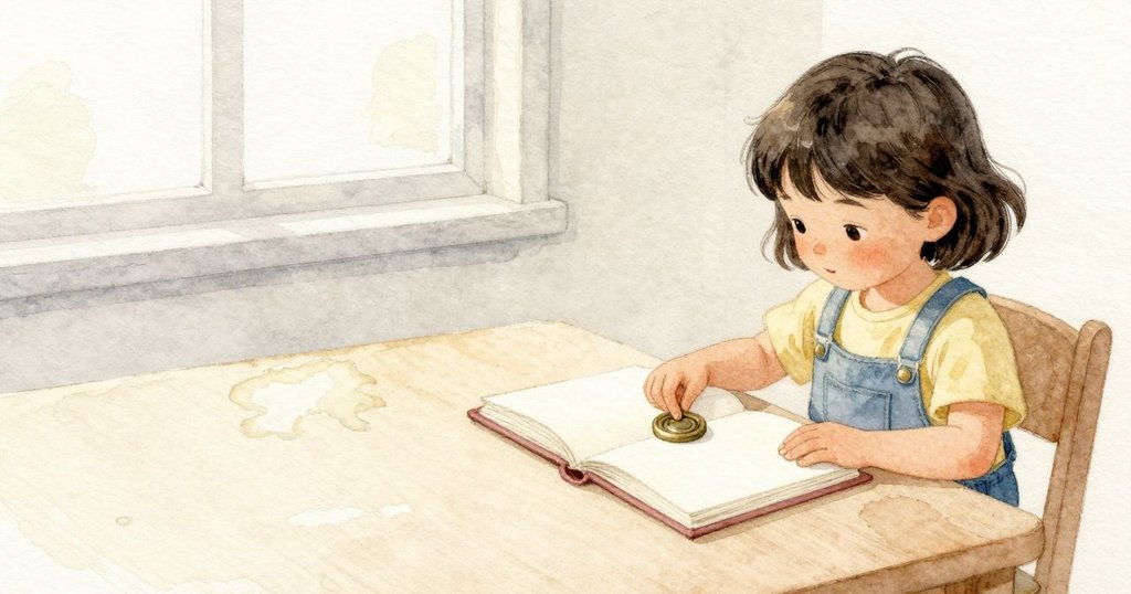 一枚小小的圓形代幣靠在書旁，Yara 的拇指停在它附近。壓紙上的濕印正慢慢變淡，書本安穩地攤著，窗光輕擦過紙面與桌面。