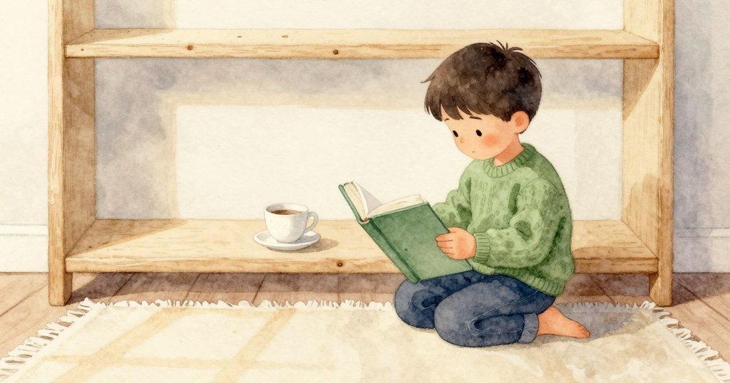 Niles正拉著一本文庫大小、被卡住的書,旁邊的低矮小桌上茶杯輕輕碰在托盤上發出聲響;空氣帶著剛洗好的衣物香,陽光斜照到地毯與木製書架邊緣。