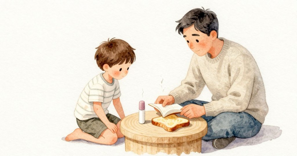 小桌子上豎著一支膠棒，旁邊平放一片吐司；吐司發出細細的喀滋聲，淡色木桌的紋理清晰而安靜。
