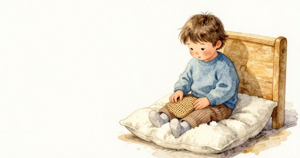 Willa 坐在柔軟的坐墊上,膝蓋慢慢陷下去,羊毛編織輕擦過她的皮膚,留下一個細緻的座痕;空氣帶著乾淨的羊毛味,淡藍色衣料映著溫暖木色與柔和日光。