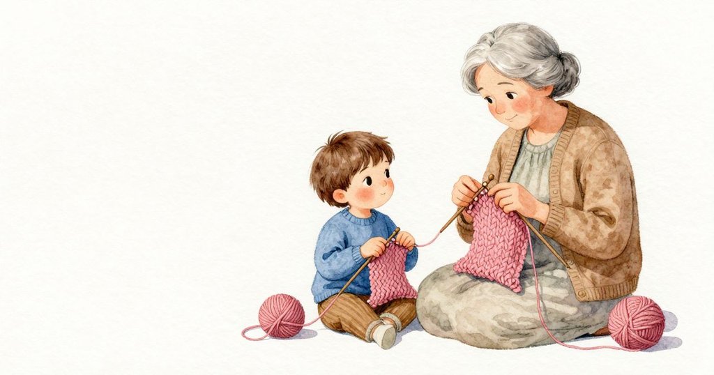 毛線球以自己的節奏輕輕轉動,祖母在 Willa 身旁編織;Willa 只是靠近看著,針尖把圈圈慢慢排成一列,柔和的色線在暖光裡聚成穩定的布面。
