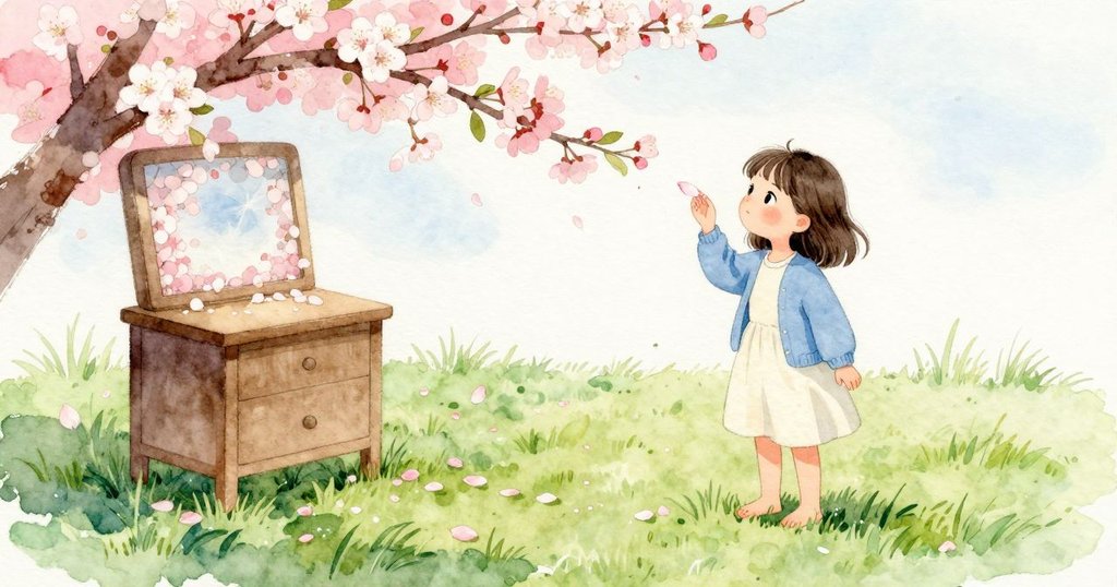 一片淡粉色花瓣在空中轉著，Colette 站在草坪邊緣，赤腳的腳趾壓著濕涼的草尖；一條薄薄的落瓣帶沿著邊界延伸。她抬起下巴望向花叢留出的細小缺口，簇簇花朵把缺口圍成柔軟的框，空氣裡有淺淡的甜香與柔和日光。