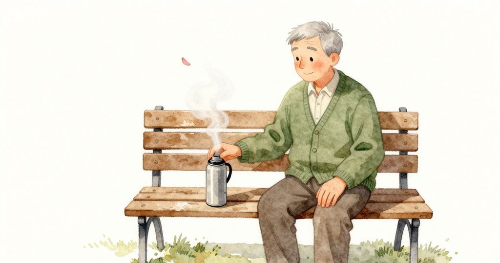 長椅坐面有一塊被磨得光滑的地方；保溫瓶口冒著淡淡白氣，一片漂浮的花瓣碰上暖氣，被托起又滑開翻轉。祖父在旁邊說話，他的袖摺隨呼吸微微起伏，空氣在蒸氣附近顯得更暖。