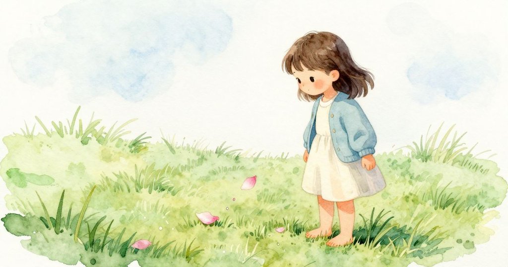 Colette 轉回那個細小缺口，看見粉色花瓣慢慢下降，最後停在一根草尖上，微微傾著；草尖帶著小小水珠，花朵在上方圍出柔軟的邊，日光平穩安靜。
