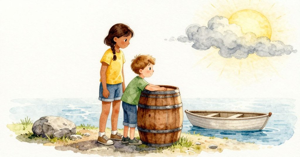 Keane 俯身伸手仍夠不到小船，一片雲遮住太陽，陰影涼涼地覆在台階和袖子上。雲慢慢滑過去，陽光回來，溫暖又落在他們裸露的前臂上，桶裡的藍再次變亮。
