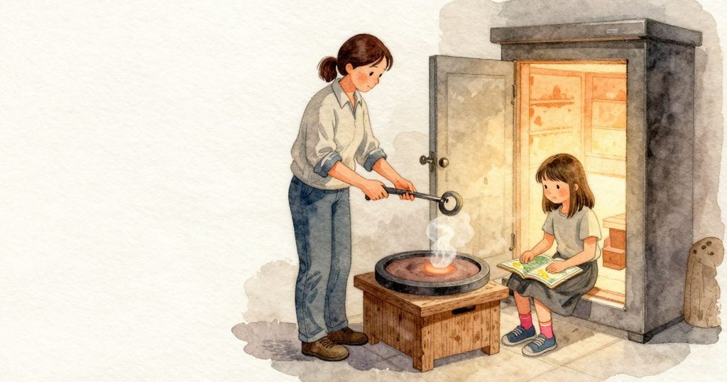 Dana 輕吐一口氣讓手勢穩住,將作品帶到退火爐前;爐門打開露出暗暖的光,均勻熱氣像疊好的毯子回送白天的溫度。她把吹管放下,金屬端環輕輕碰到鋼面。木模上方的蒸氣漸淡,邊緣多了一圈新焦痕;Ruby 闔上地圖冊,封邊留著新鮮的灰色拇指印。木模靜靜躺在工作臺上,濕痕冷卻成無。