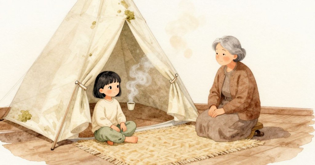在房間角落的軟帳篷裡，Ula 坐著，帳篷掀口旁飄著淡淡茶香與蒸氣；掀口外，祖母坐在小矮凳上看向這裡，木地板與帳布呈現溫暖色調。