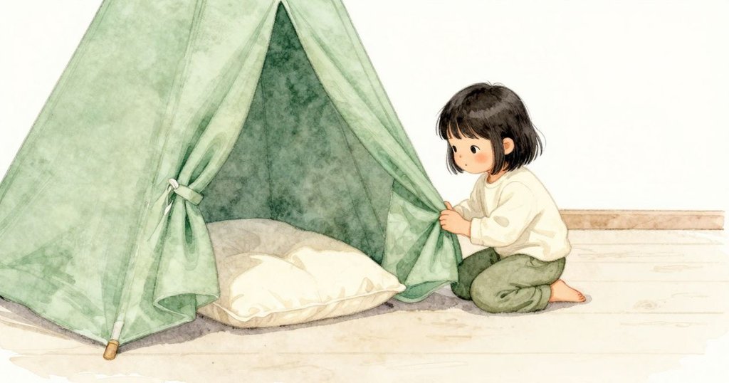 Ula 抬起帳篷的一角想偷看，掀角滑回膝下，她換了重心用手指夾住布邊；靠墊支撐著身體，掀起處露出一小片平滑的淺色地板。