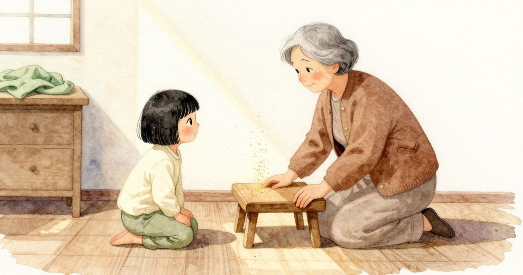 Ula 把帳邊放下並撫平摺痕，角落重新就位；光裡的微塵慢慢漂浮，她爬出帳篷，向祖母在的小矮凳移去，室內光暖而安靜。