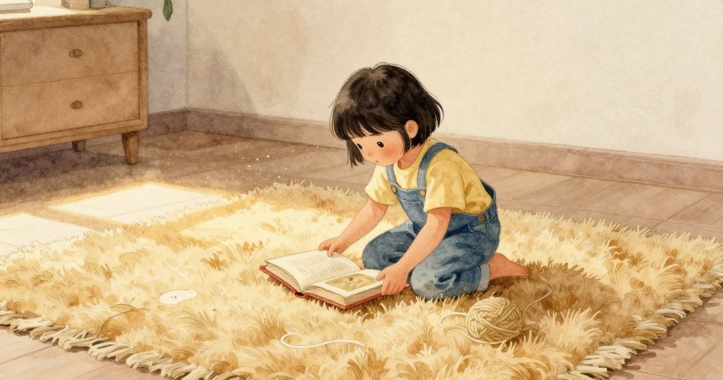 Kaya跪在厚實的地毯上找那本舊圖畫書，膝蓋把柔軟絨毛壓出痕跡。旁邊還留著一個鞋印壓痕，線圈扁平而深一點。她一移動，細塵就浮起，在一束暖光裡發亮，整個房間因這片安靜的日光而更顯寧靜。