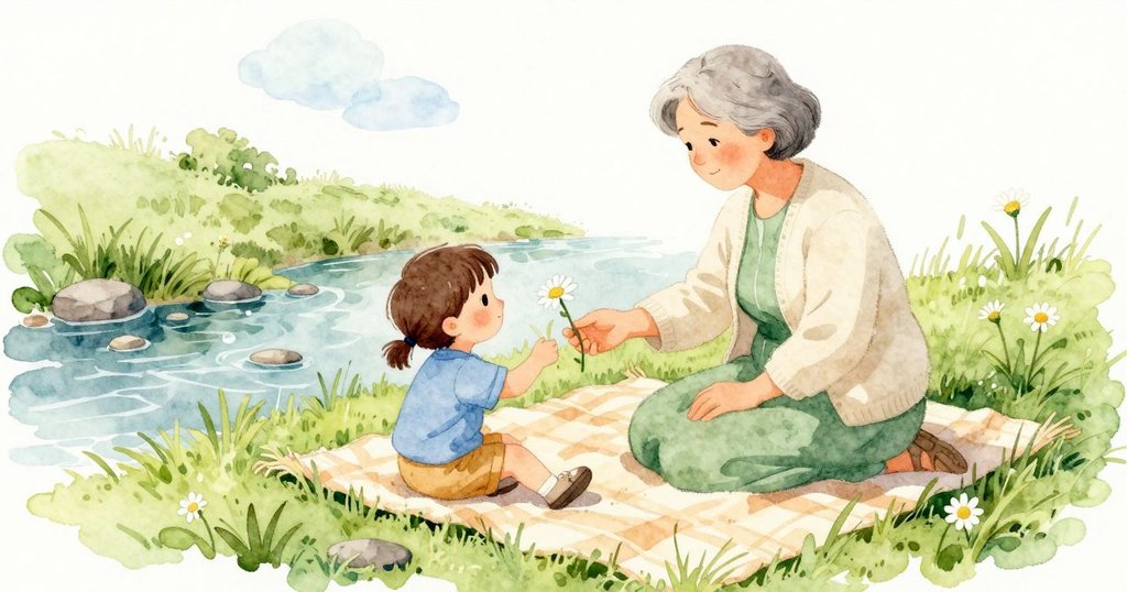 小溪在旁邊細細流著,祖母面向一朵微微彎下的雛菊,Hedy 坐在毯子上,靠近柔軟的邊緣。白色花瓣和黃色花心在綠草間顯眼,溪水藍綠清亮,圓石隱約可見。雲影掠過陽光,光線溫和。