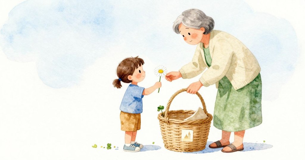 祖母遞來一朵雛菊,Hedy 放穩繩子時輕輕擦到籃子側邊的城堡貼紙,一角翹起,底下露出一塊淡淡的方形。正好有一片三葉草花瓣落在邊緣,翹起的角微微捲曲,光線柔和。
