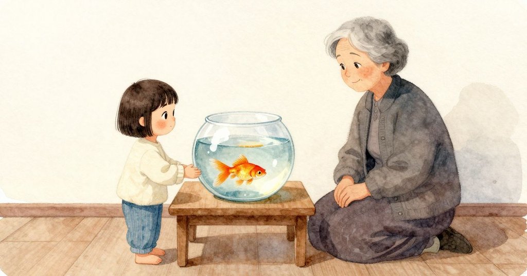 金魚在玻璃缸裡沿著弧面滑過，身體一閃一停。缸放在低桌上，Kaya 靠近到衣袖幾乎碰到桌緣，祖母坐得更後一點，安靜看著。清晨的柔光讓水微微泛藍，木地板與淺色牆面一起收住這份安靜。